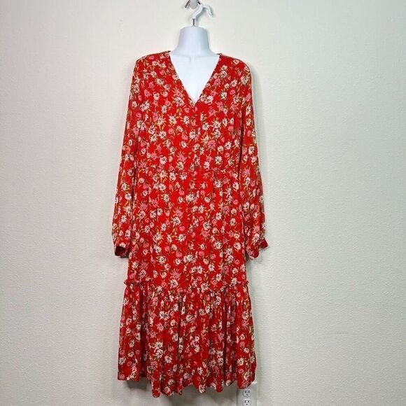 Draper James RSVP Women’s Red Floral Long Sleeve V Neck Midi Dress Size L - Picture 1 of 15